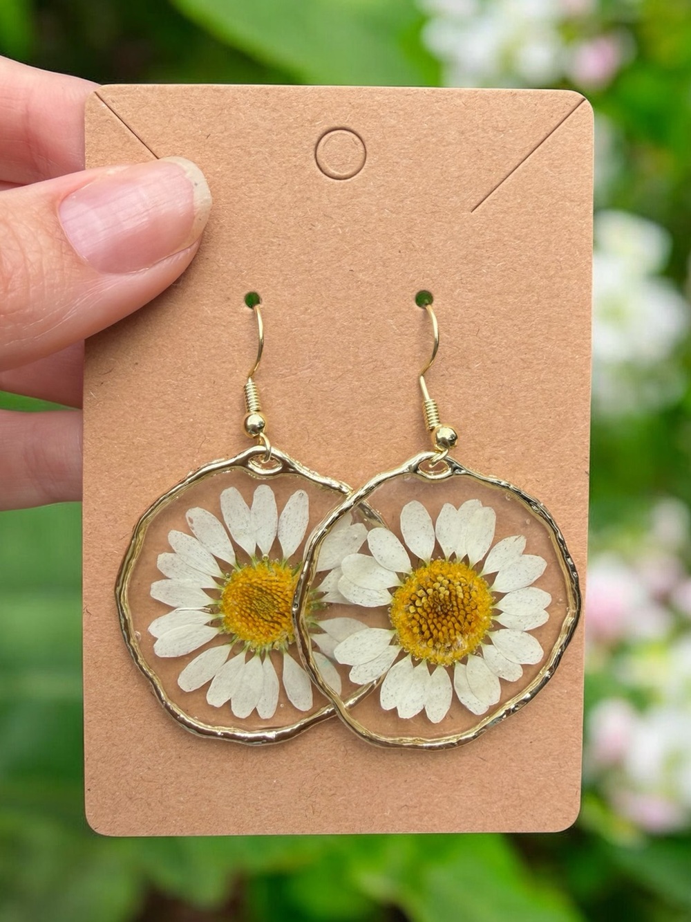 E7 Gold Daisy Hoop Drop Earrings with Real Pressed Flowers - White & Yellow